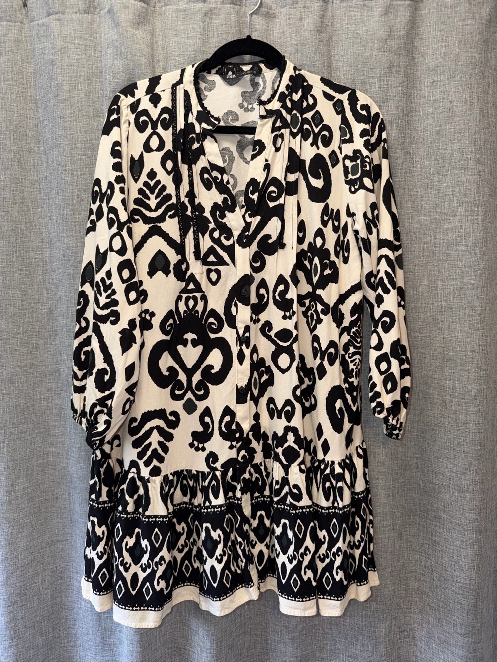 Zara Black and White Long Sleeve Patterned Tunic Dress Large